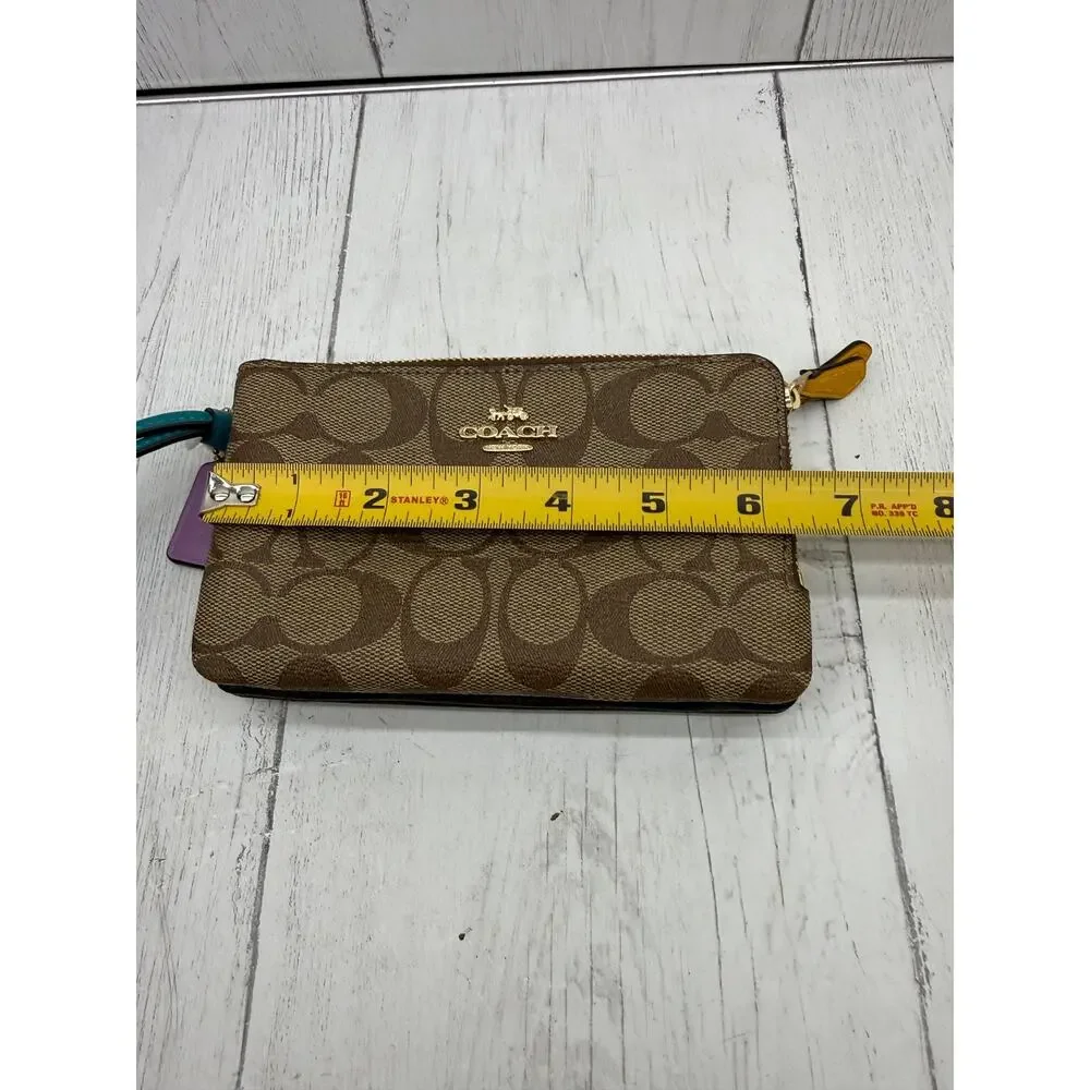 Coach Double Zip Colorblock Brown Signature Canvas Wristlet NEW Teal Strap - Picture 5 of 6